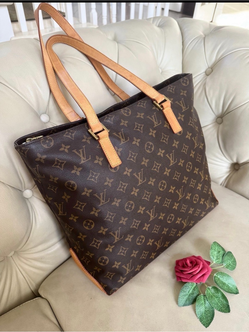 Authentic Louis Vuitton Brown Monogram Canvas Tote with Tan Straps